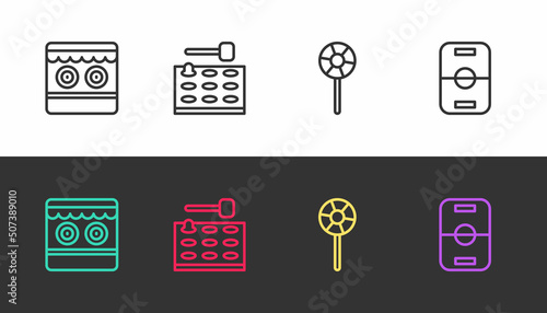 Set line Shooting gallery, Arcade game machine, Lollipop and Hockey table on black and white. Vector