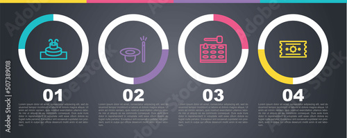 Set line Fountain, Magic hat and wand, Arcade game machine and Ticket. Business infographic template. Vector
