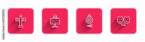 Set line Road traffic signpost, Magic ball on table, Classic dart board and arrow and Comedy tragedy masks with long shadow. Red square button. Vector