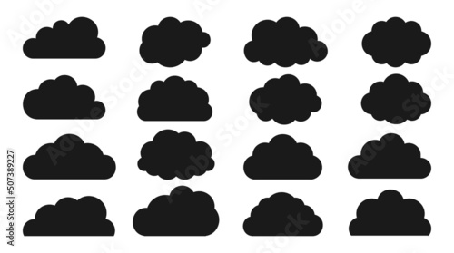 Clouds black icon flat set. Cloudscape sky weather symbol. Heaven sign isolated on white background. Different shapes climate pictogram. Cloud web site app logo design. Vector illustration