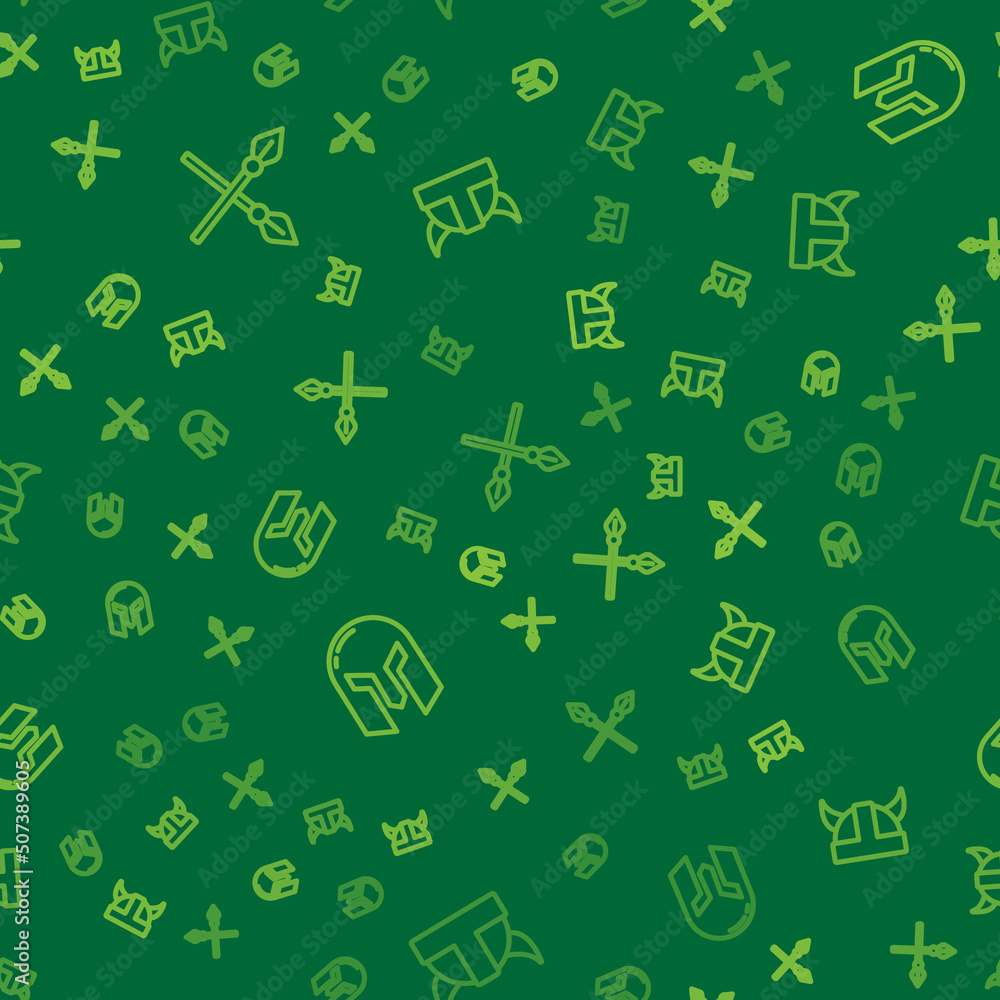 Set line Crossed medieval spears, Medieval iron helmet and Viking in horned on seamless pattern. Vector Set line Crossed medieval spears, Medieval iron helmet and Viking in horned on seamless pattern. Vector