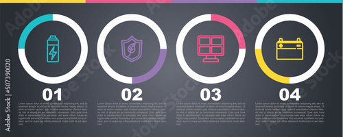Set line Battery, Shield with leaf, Solar energy panel and Car battery. Business infographic template. Vector