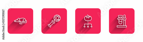 Set line Experimental mouse, DNA research, search, Genetically modified food and Test tube flask on stand with long shadow. Red square button. Vector