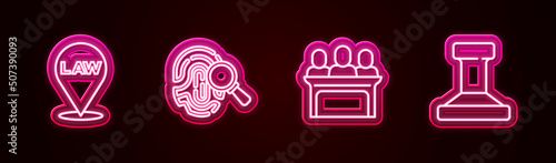 Set line Location law, Fingerprint, Jurors and Stamp. Glowing neon icon. Vector