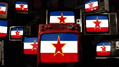 Flag of the Socialist Federal Republic of Yugoslavia and Vintage Televisions. 4K Resolution. photo