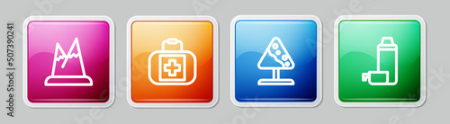 Set line Mountains, First aid kit, Road sign avalanches and Thermos container. Colorful square button. Vector