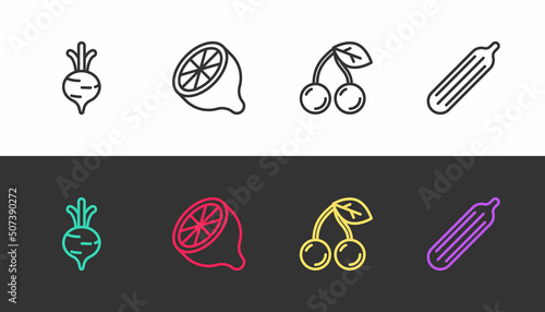 Set line Beet, Lemon, Cherry and Fresh cucumber on black and white. Vector