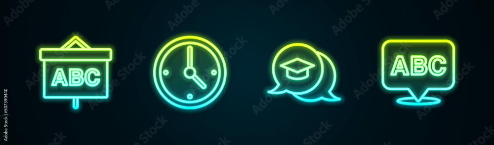 Set line Chalkboard, Clock, Graduation cap in speech bubble and Alphabet. Glowing neon icon. Vector Set line Chalkboard, Clock, Graduation cap in speech bubble and Alphabet. Glowing neon icon. Vector