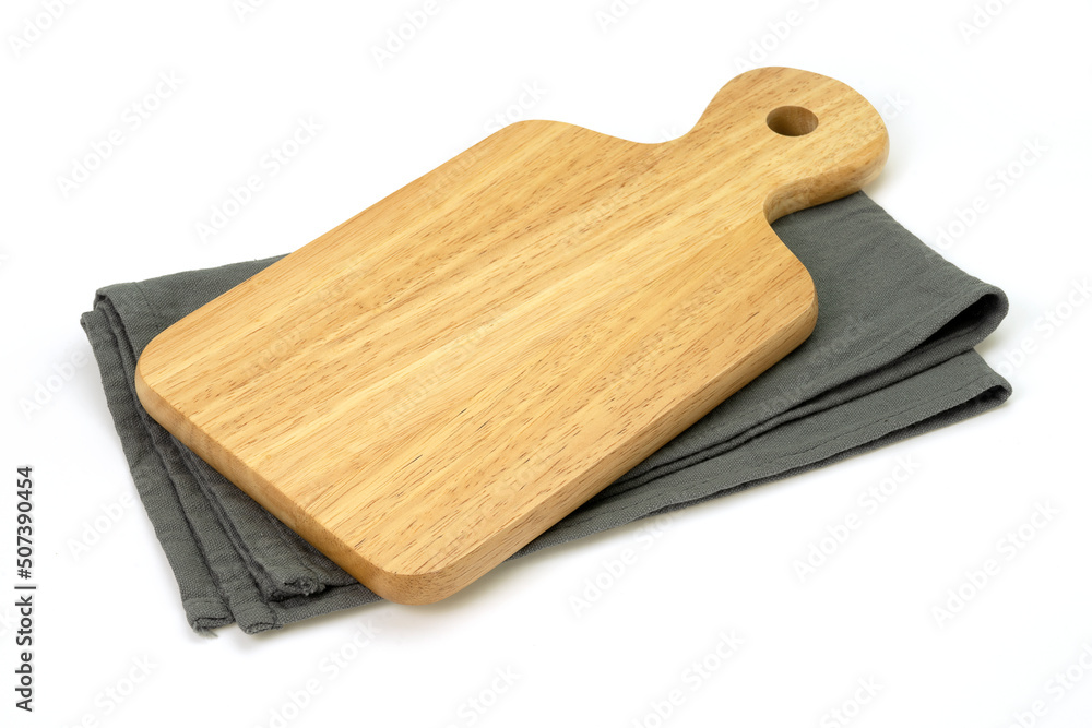Empty wooden tray with cloth isolated on white background. Mock up. Selective focus. Empty wooden tray with cloth isolated on white background. Mock up. Selective focus.