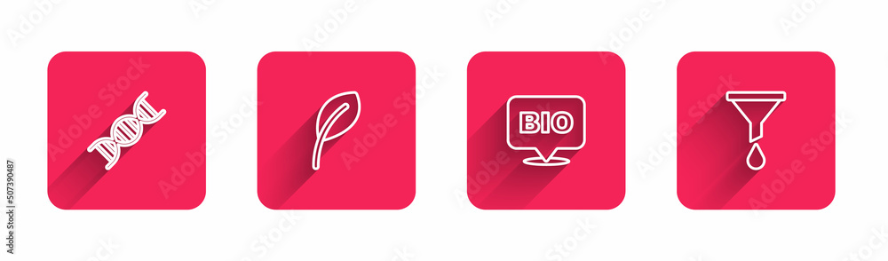 Set line DNA symbol, Leaf or leaves, Bio healthy food and Funnel filter with long shadow. Red square button. Vector Set line DNA symbol, Leaf or leaves, Bio healthy food and Funnel filter with long shadow. Red square button. Vector