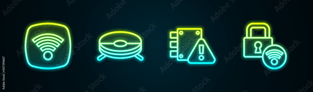 Set line Wi-Fi wireless internet network, Robot vacuum cleaner, House under protection and Digital door lock. Glowing neon icon. Vector Set line Wi-Fi wireless internet network, Robot vacuum cleaner, House under protection and Digital door lock. Glowing neon icon. Vector