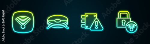Set line Wi-Fi wireless internet network, Robot vacuum cleaner, House under protection and Digital door lock. Glowing neon icon. Vector