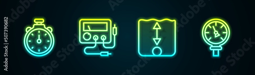 Set line Stopwatch, Multimeter, voltmeter, Depth measurement and Pressure water. Glowing neon icon. Vector