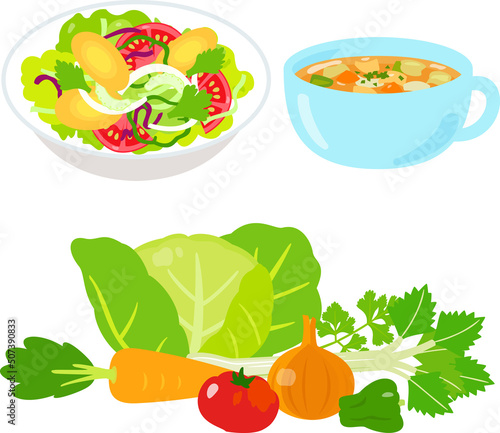 サラダと野菜スープ、野菜の生食と加熱調理