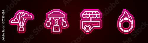 Set line Hot air balloon, Attraction carousel, Fast street food cart and Circus fire hoop. Glowing neon icon. Vector
