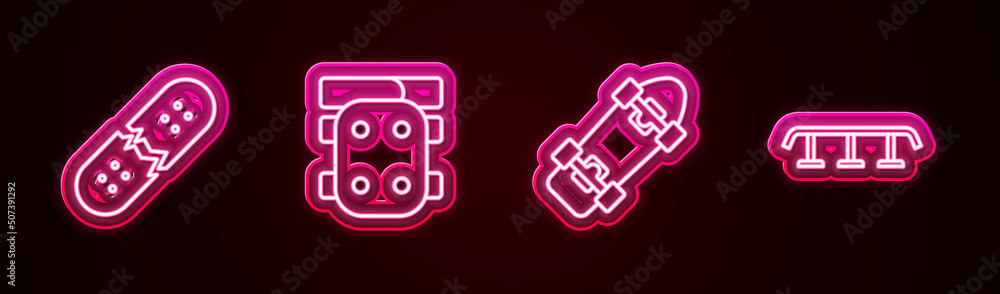 Set line Broken skateboard deck, Knee pads, Skateboard and stairs with rail. Glowing neon icon. Vector Set line Broken skateboard deck, Knee pads, Skateboard and stairs with rail. Glowing neon icon. Vector