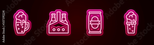 Set line Glass of beer, Pack bottles, Beer can and . Glowing neon icon. Vector
