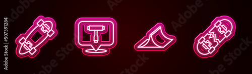 Set line Longboard or skateboard, Skateboard T tool, park and Broken. Glowing neon icon. Vector
