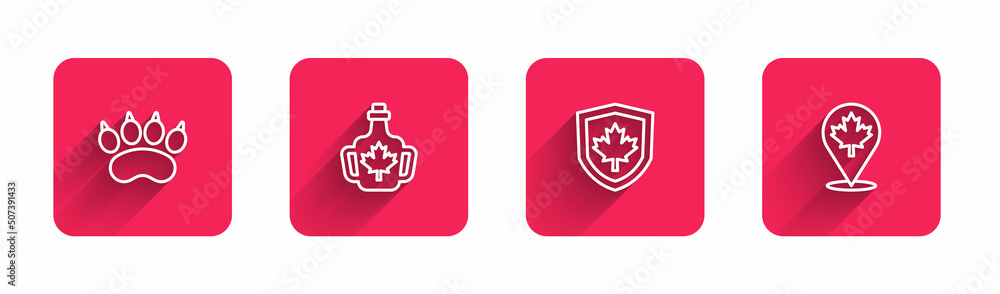 Set line Bear paw footprint, Bottle of maple syrup, Canada flag on shield and Canadian leaf with long shadow. Red square button. Vector Set line Bear paw footprint, Bottle of maple syrup, Canada flag on shield and Canadian leaf with long shadow. Red square button. Vector