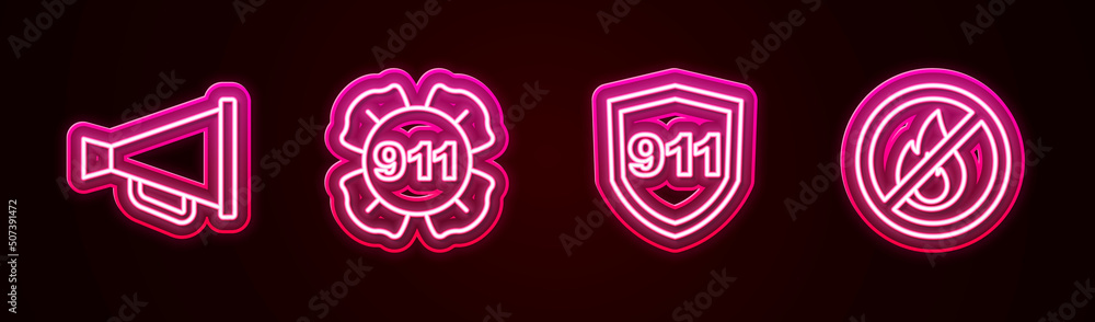 Set line Megaphone, Emergency call 911, and No fire. Glowing neon icon. Vector Set line Megaphone, Emergency call 911, and No fire. Glowing neon icon. Vector