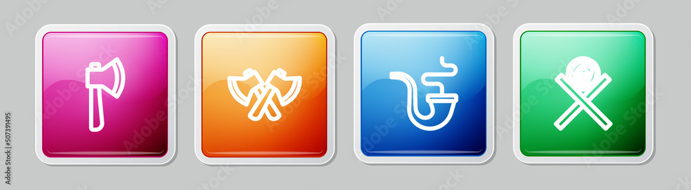 Set line Wooden axe, Smoking pipe and logs on stand. Colorful square button. Vector Set line Wooden axe, Smoking pipe and logs on stand. Colorful square button. Vector