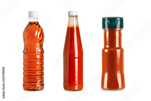 Set of sauce bottle and spice isolated on white background.