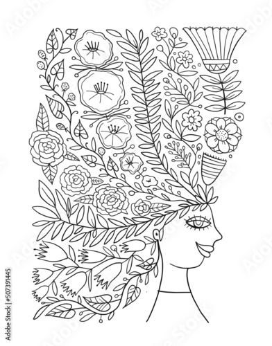 Floral female portrait, pretty woman with floral hairs. Design for fashion ca...