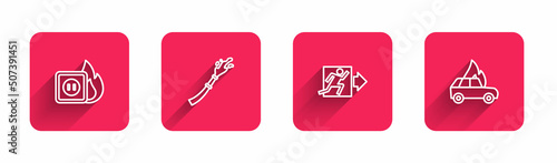 Set line Electric wiring of socket in fire, Fire hose reel, exit and Burning car with long shadow. Red square button. Vector