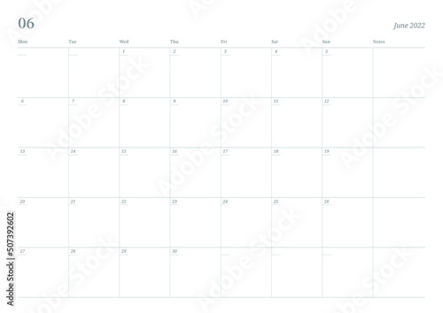 June 2022 simple design digital and printable calendar template illustration. Notes, scheduler, diary, calendar, memo, planner document template background. 