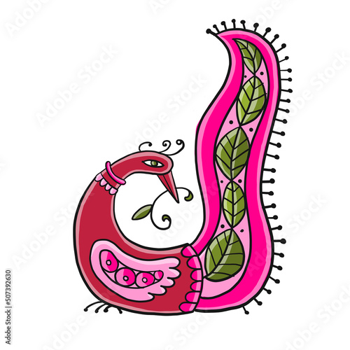 Pink magic bird isolated on white. Art for your design