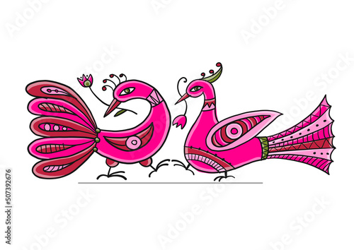 Couple of magic birds isolated on white. Art for your design