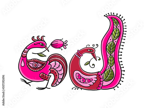 Couple of magic birds isolated on white. Art for your design