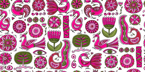 Magic birds and flowers. Vintage seamless pattern background for your design