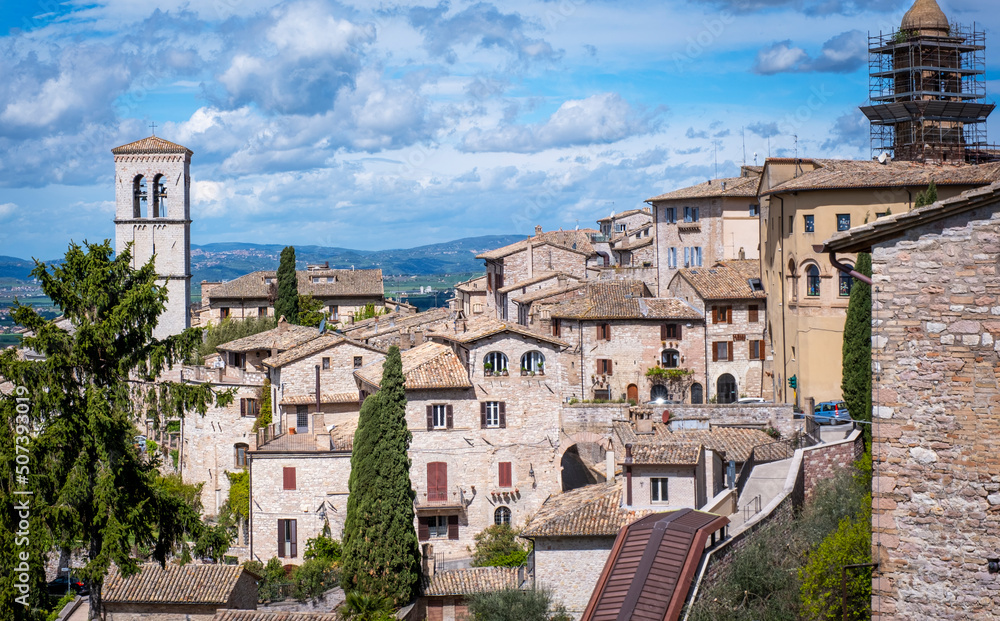Panorama of the ancient houses of the city of Assisi (Umbria Region, central Italy). Ancient medieval city, is world famous as birthplace of St. Francis, Italy's christian Patron.