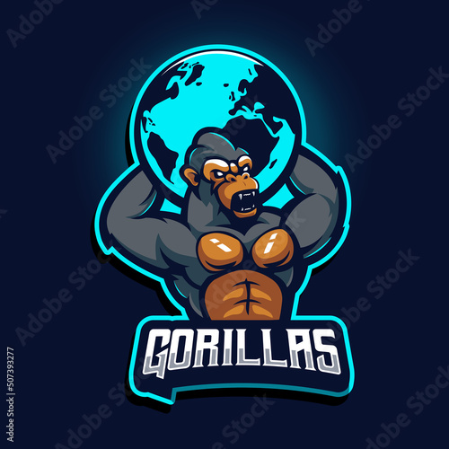 Gorilla raised earth, mascot logo design for sports, team, e-sport, or gaming