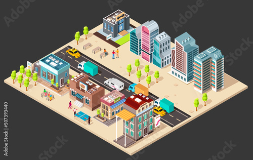Vector isometric city center map with skyscrapers, offices and stores