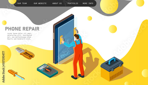 Vector people in the form of a telephone repair service.3d isometric vector illustration design templates for business.