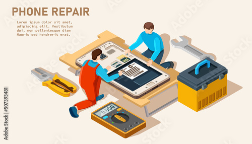 Phone repair service landing page website template. Vector isometric smartphone and characters.