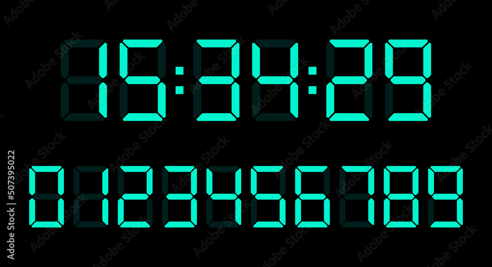 Blue digital clock number set. Led digit set. Flat vector illustration ...