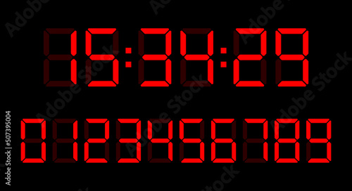 Red digital clock number set. Led digit set. Flat vector illustration isolated on black background.