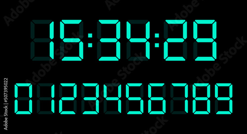 Blue digital clock number set. Led digit set. Flat vector illustration isolated on black background.