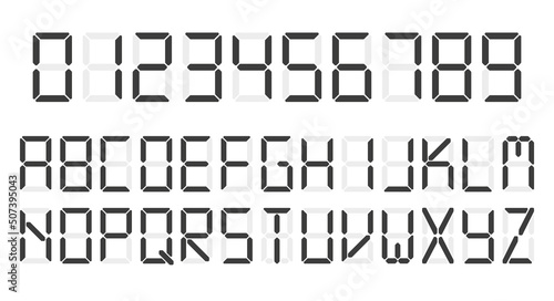 Digital clock number set. Led digit alphabet. Flat vector illustration isolated on white background.