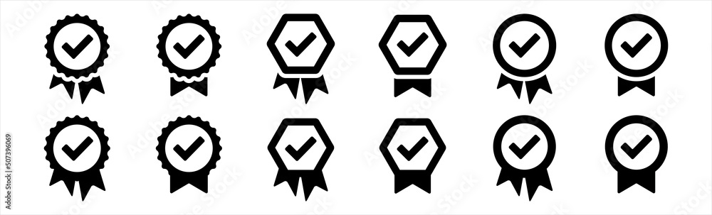 Approval check icons set. Approved or verified medal symbols. Certified badge correct mark sign, vector illustration Approval check icons set. Approved or verified medal symbols. Certified badge correct mark sign, vector illustration