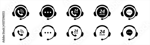 Hotline support service with headphone icons set. Call center symbol. Support service signs. Customer Support, Consultation, consultant, secretary,  vector illustration