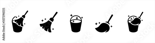 Floor mop icons. Mop And Bucket symbol. Cleaning service signs, vector illustration