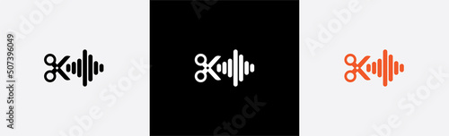 Music editor icon. Music editing logotype. Scissors with music wave symbol, vector illustration