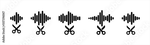 Music editor icons set. Music editing logotype. Scissors with music wave symbol, vector illustration