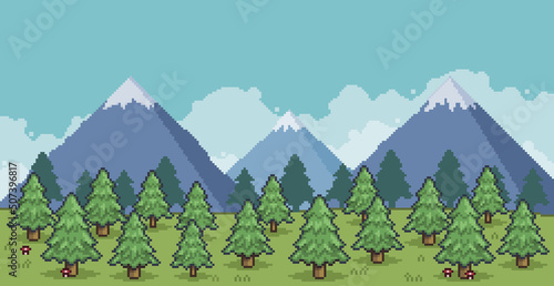 Pixel art landscape of pine forest in the mountains 8 bit vector background