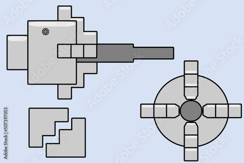 Independent Jaw chuck lathe machine set.4 jaw independent. in right view and front view flat design illustration vector. 