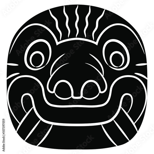 Ancient mask of fantastic monster beast. Native American art of ancient Peru. Chavín de Huántar culture. Black and white negative silhouette.